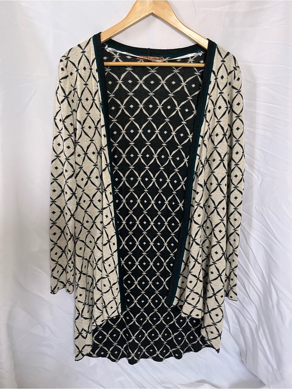 Belldini Cream and Black Patterned Open-Front Cardigan